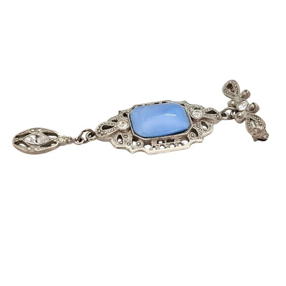 1928 Brand Silver Tone Blue Glass Art Deco Style Clear Rhinestone Dangle Brooch - Picture 3 of 8